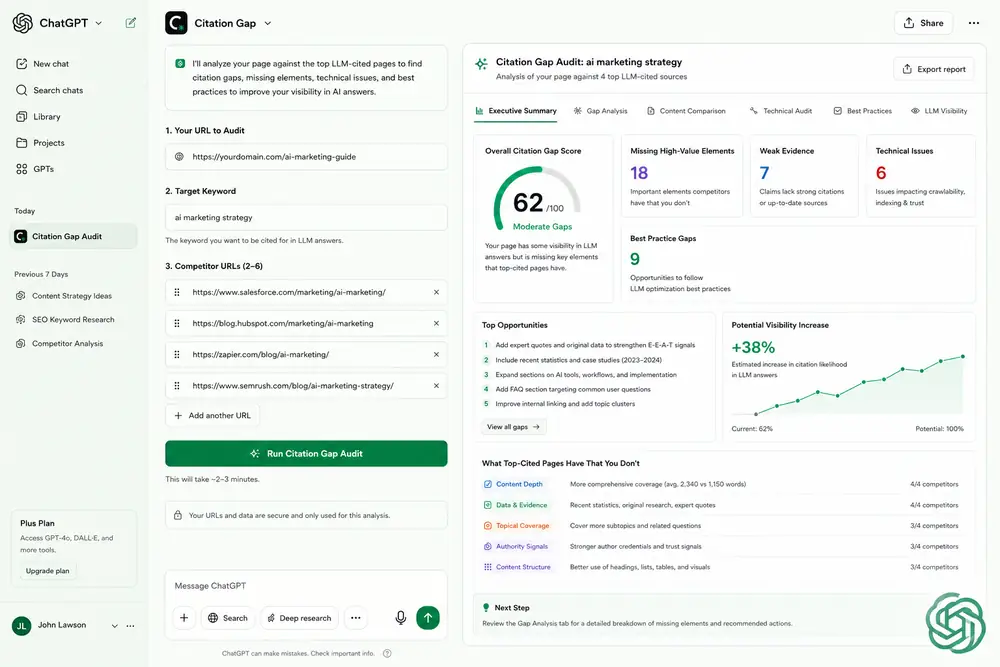 Citation Gap running inside ChatGPT, showing the audit form and executive summary