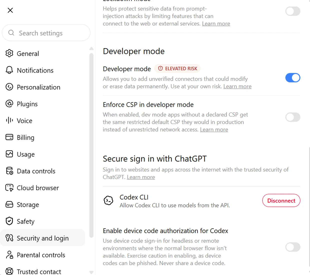 Settings › Security and login, Developer mode switched on.