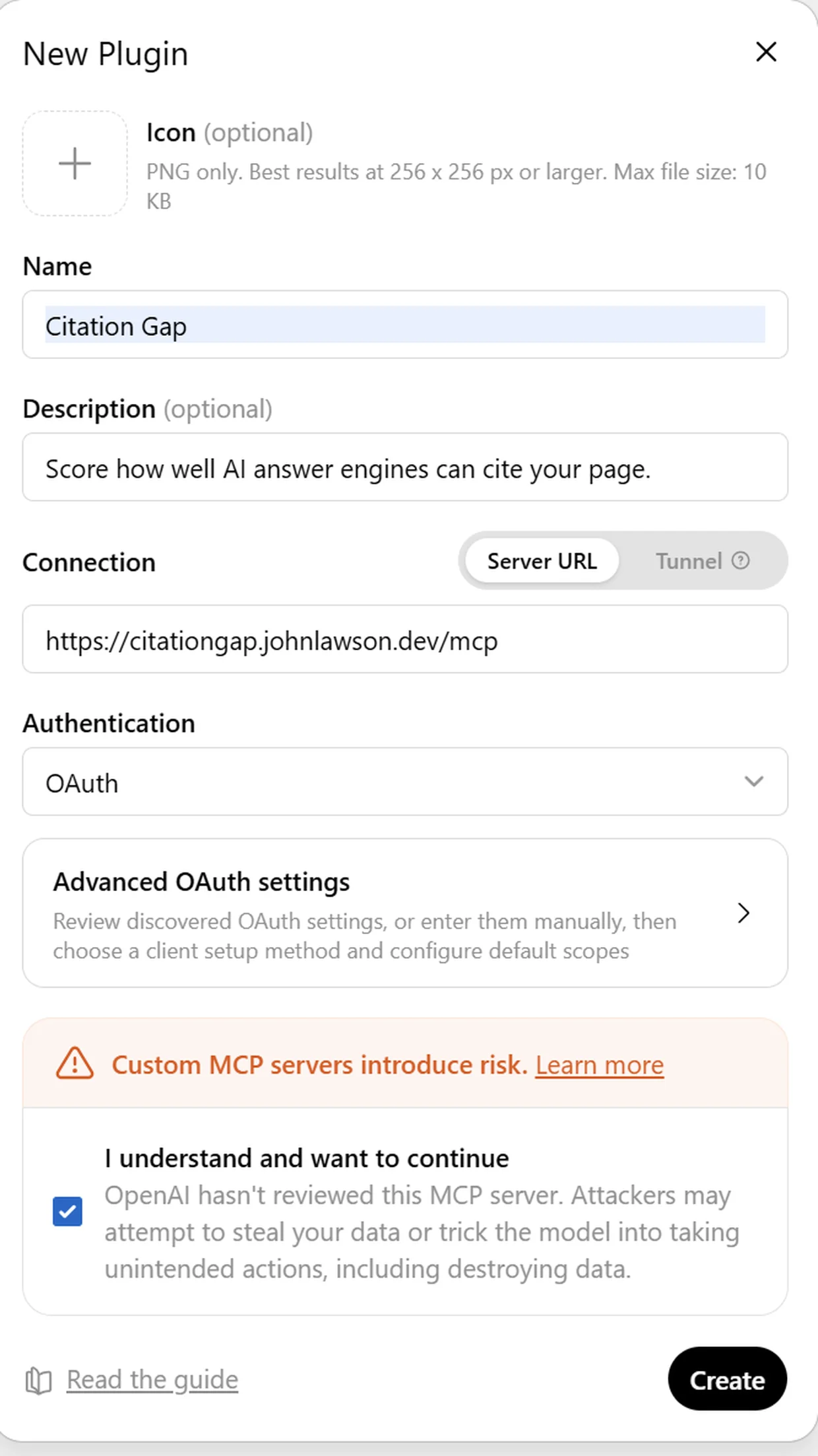 Name, Server URL and OAuth filled in, ready to create.