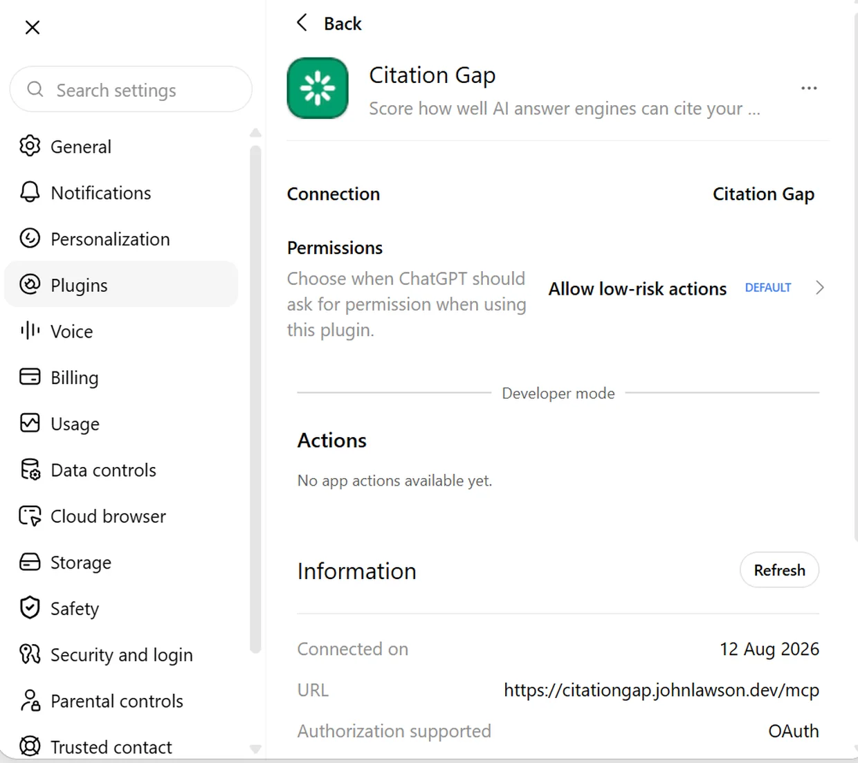 Citation Gap connected, URL and OAuth authorization shown.