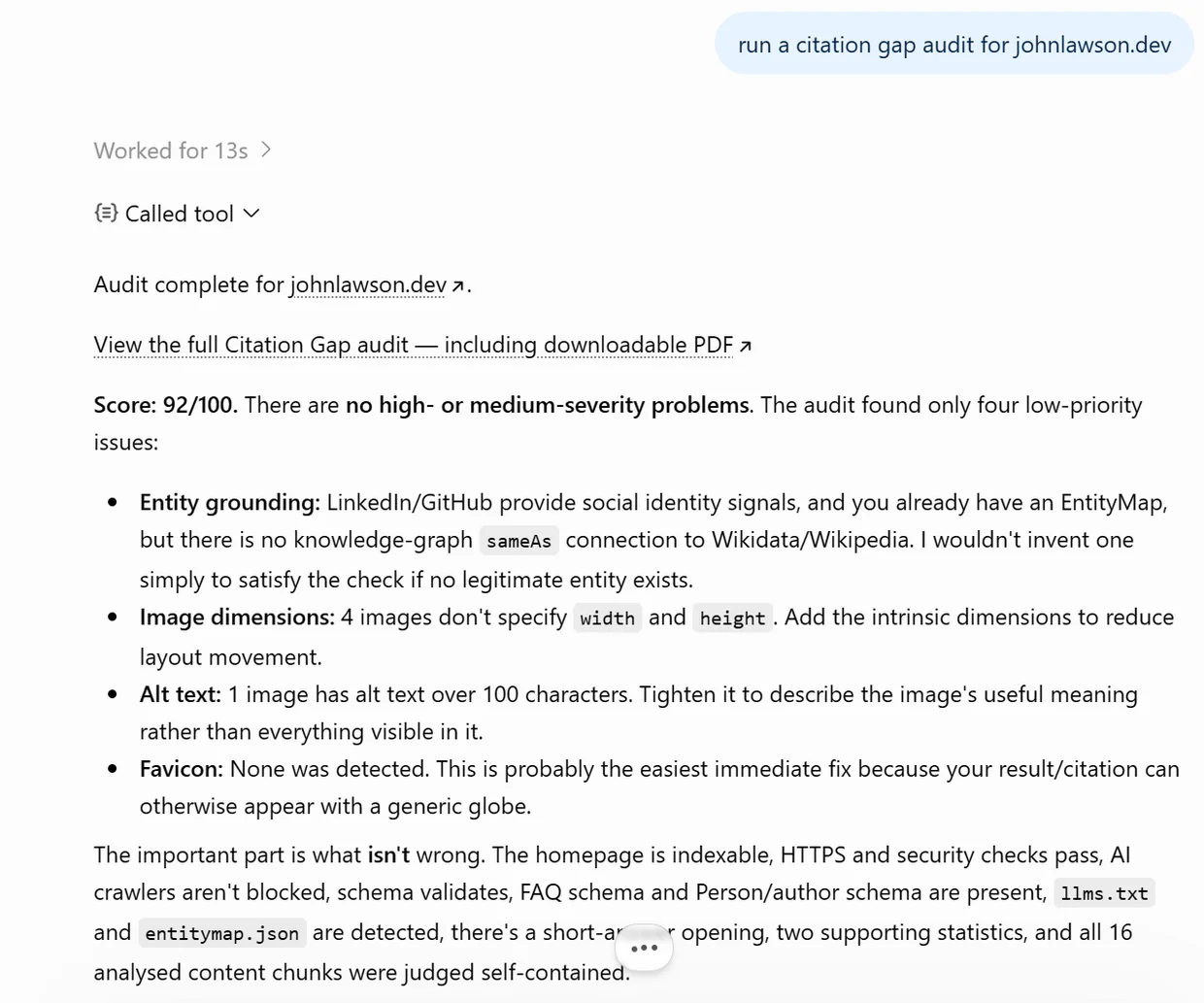 Citation Gap returning a scored report inside ChatGPT.