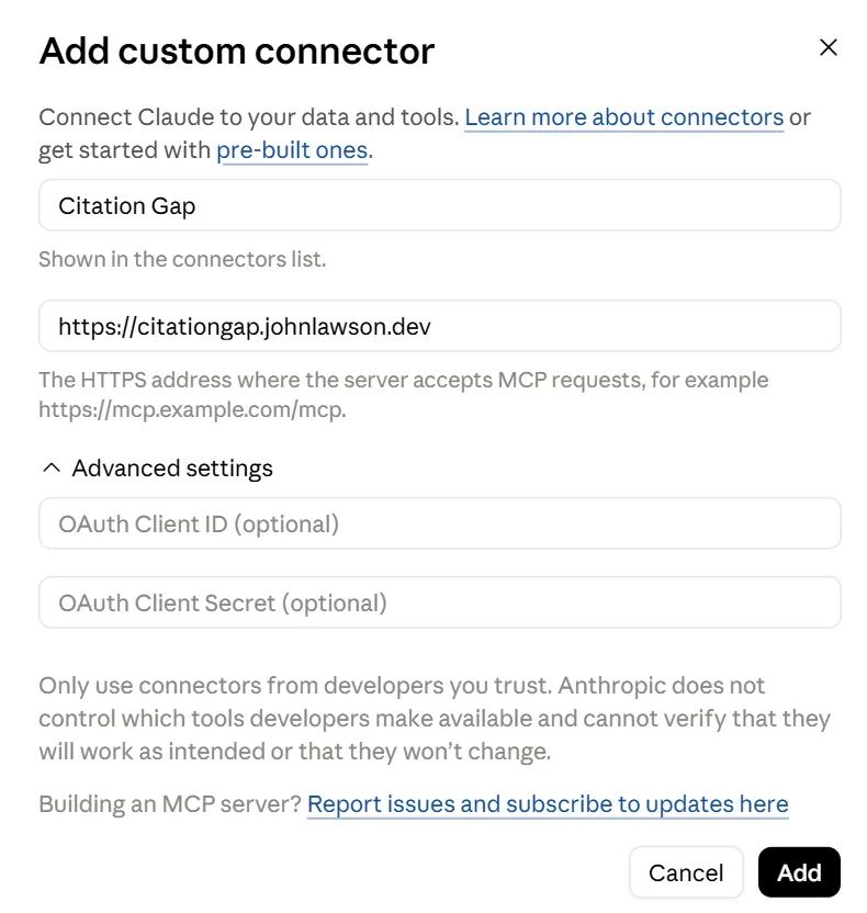 The Add custom connector dialog, with the name and server URL filled in.