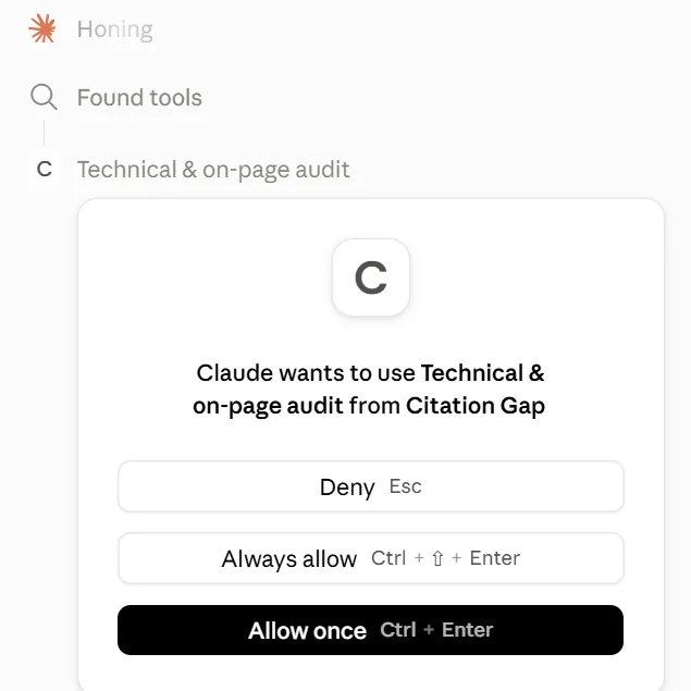 Claude asks permission the first time it uses a Citation Gap tool.
