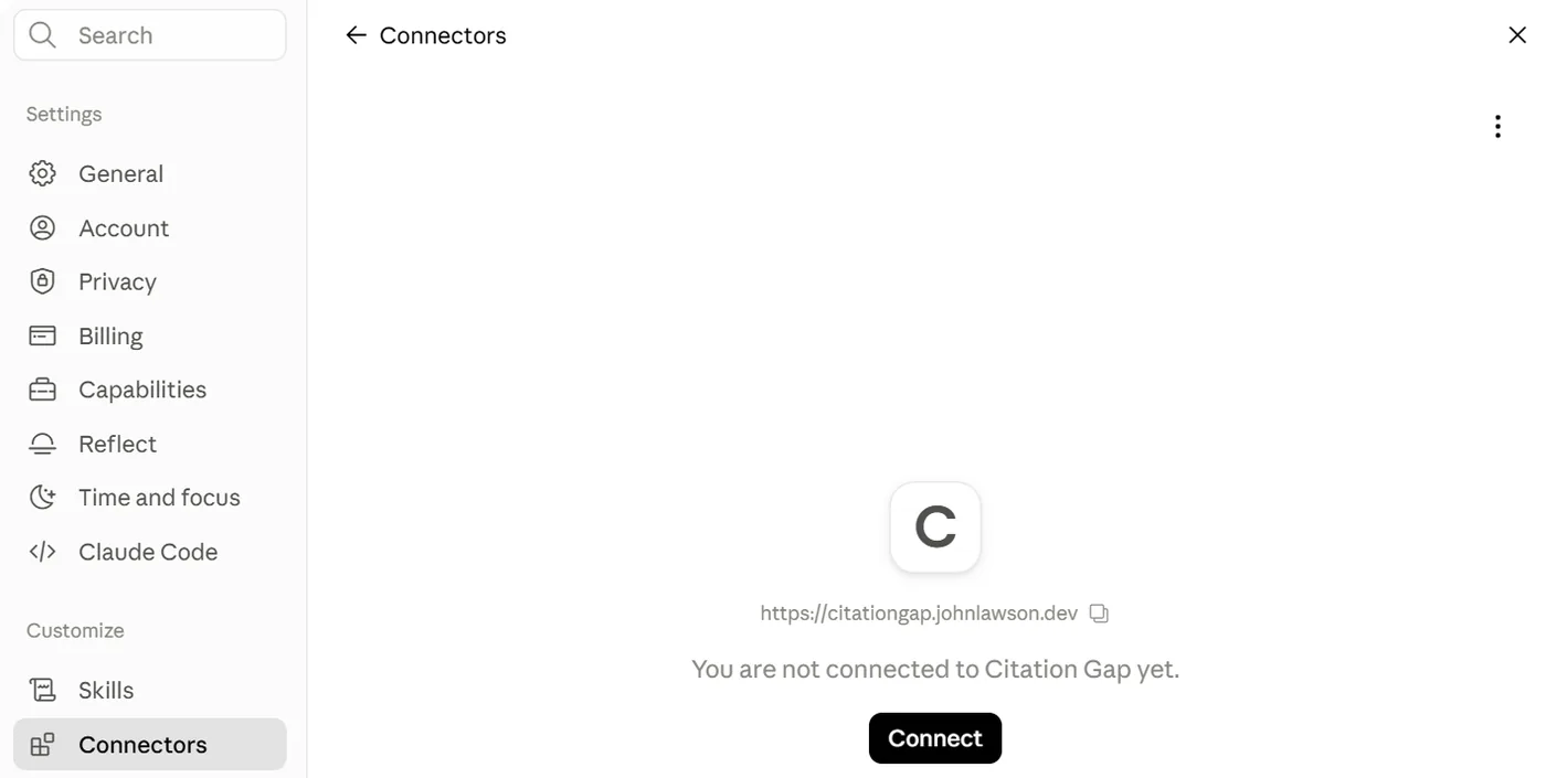 Before connecting, Citation Gap shows a Connect button.
