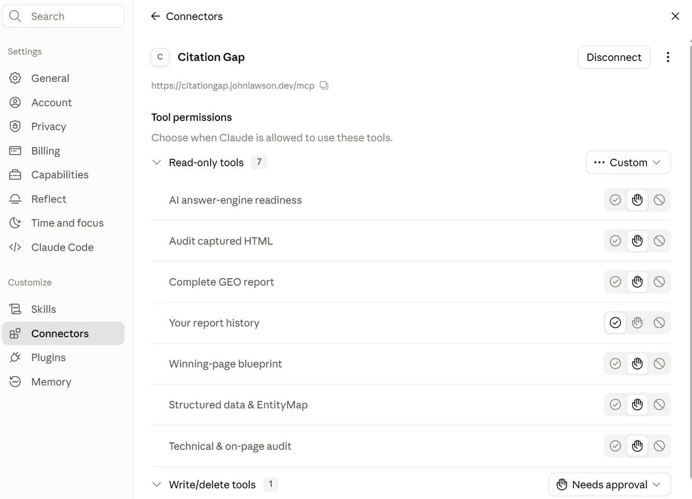 Connected, with Citation Gap's tools and permissions listed.