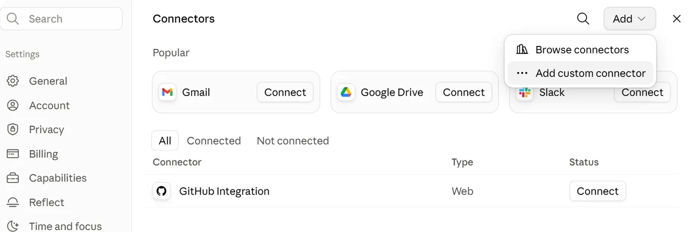 The Connectors tab, then the Add menu, where you choose Add custom connector.
