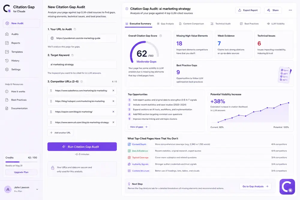 The Citation Gap web app showing the audit form and executive summary